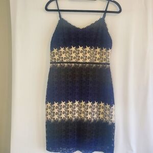 BEBE Size 10 Stars & Stripes adjustable straps empire waist crochet mini dress